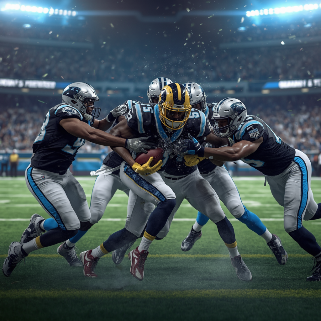 Carolina Panthers defenders stopping Los Angeles Rams player