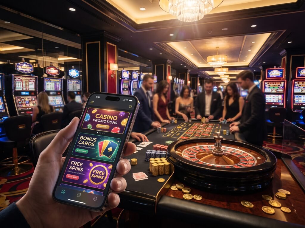 ### iPhone Pixels–Style Feature Image Prompt **Create a stunning photorealistic image that looks like it was captured with the latest iPhone Pro camera, featuring a luxurious modern casino interior at night with glowing slot machines, a roulette table, poker chips, playing cards, golden coins, and a large smartphone in the foreground displaying a generic “casino promotions” offer interface with colorful bonus cards and free spins visuals. Natural smartphone photography, realistic depth of field, crisp textures, subtle lens flare, balanced exposure, cinematic but authentic lighting, premium black-and-gold atmosphere, highly detailed reflections, realistic skin and object textures, elegant composition, no logos, no brand names, no watermark, no excessive text, wide 16:9 landscape composition, ultra-sharp iPhone photography quality, ideal for a professional blog featured image.**
